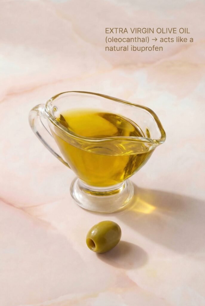Extra virgin olive oil in glass pitcher — natural anti-inflammatory compound oleocanthal