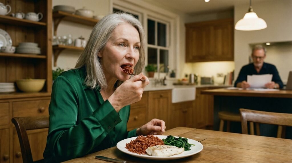 Woman eating red rice with fish and greens for heart health and anti-inflammatory diet after 45