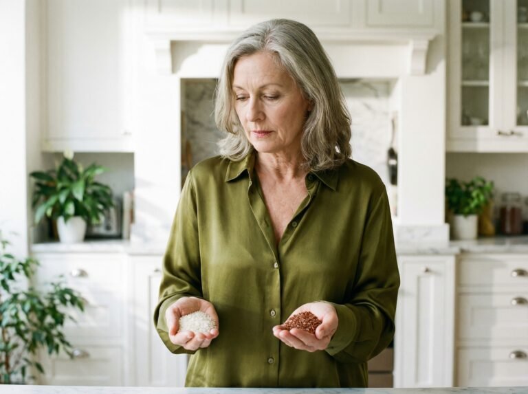 Woman deciding between red rice or white rice, holding both in her hands in an elegant kitchen