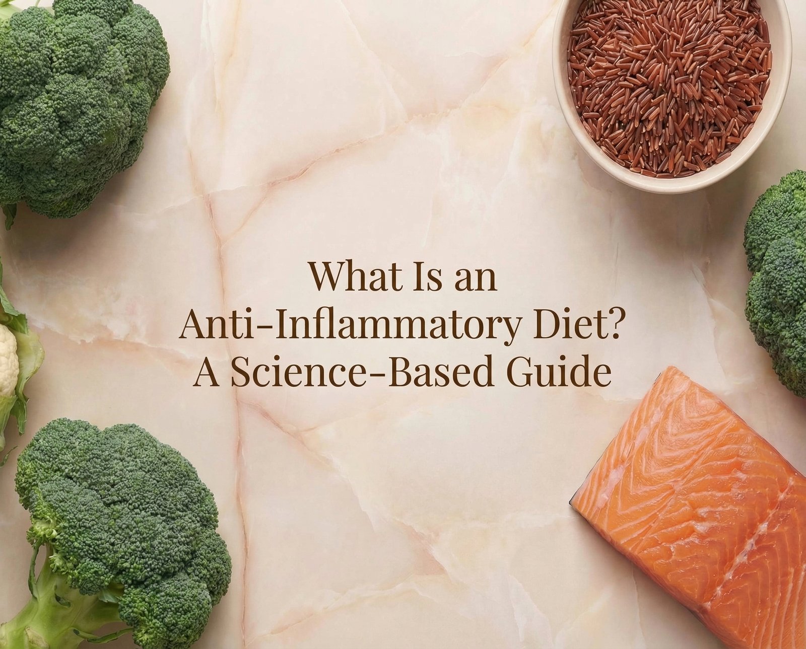 Colorful anti-inflammatory foods including vegetables, salmon and olive oil